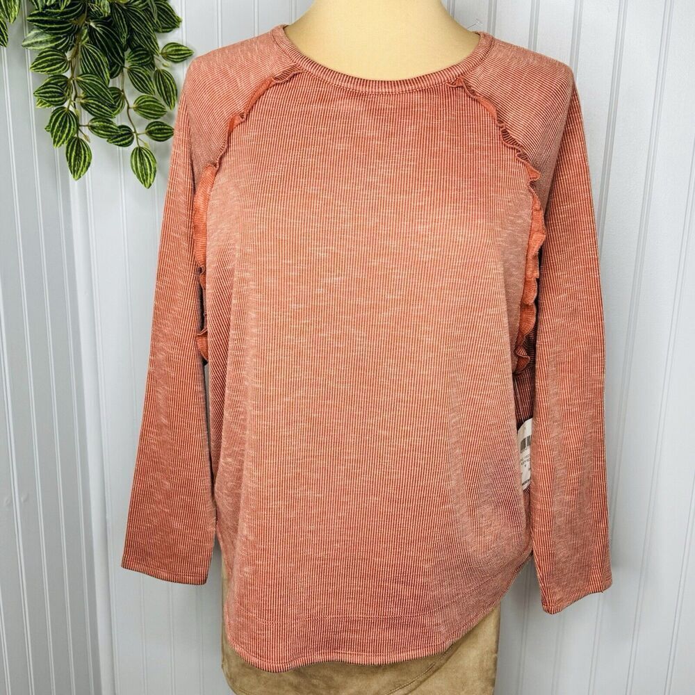 89th and Madison Sz M Ruffled Rusty Red Flowy Long Sleeve Blouse Burnt Orange